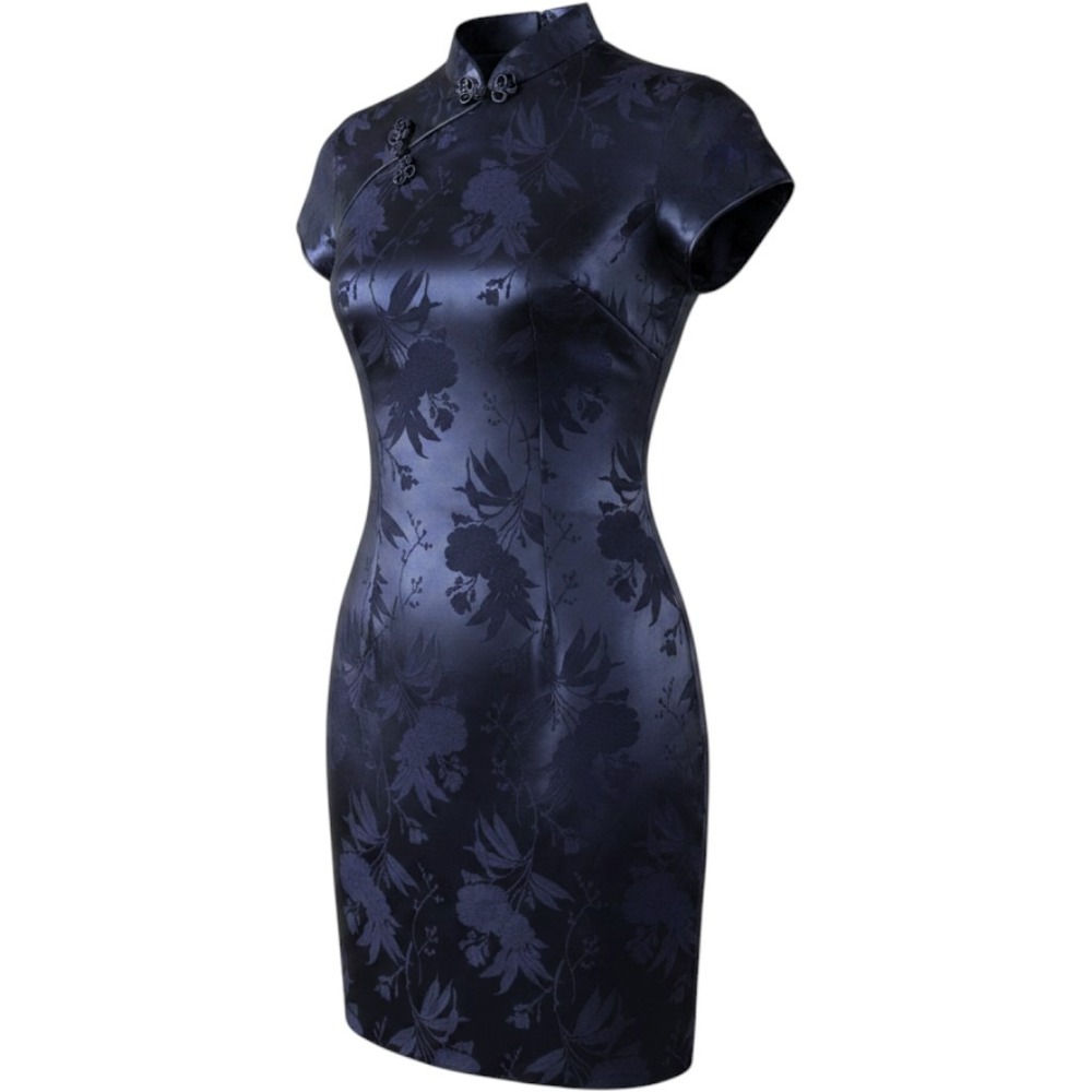 By Choice Vintage 90s Navy Blue Floral Jacquard Cheongsam Dress Y2K Size 7 Frog